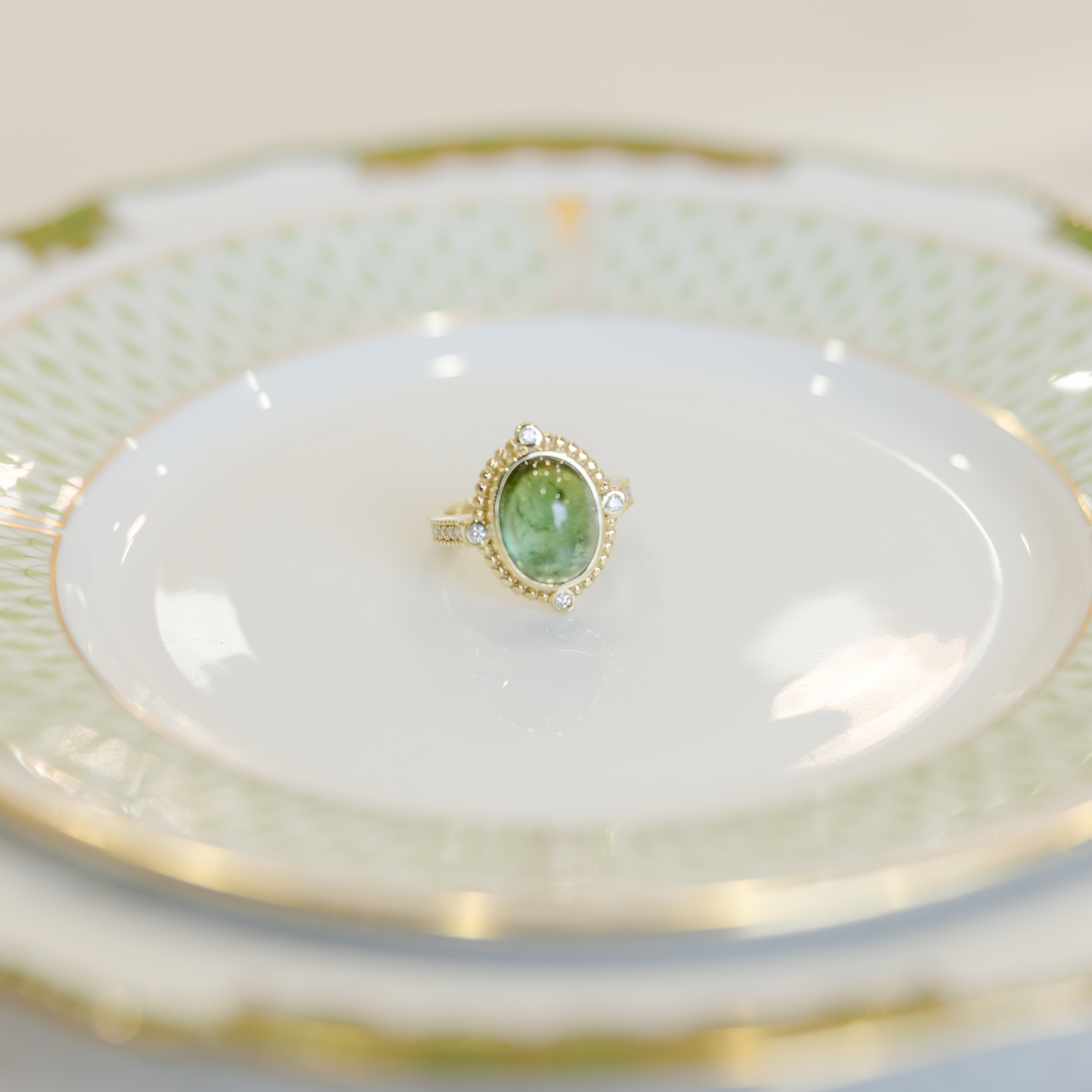 Raymond Mazza Green Tourmaline and Diamonds Ring