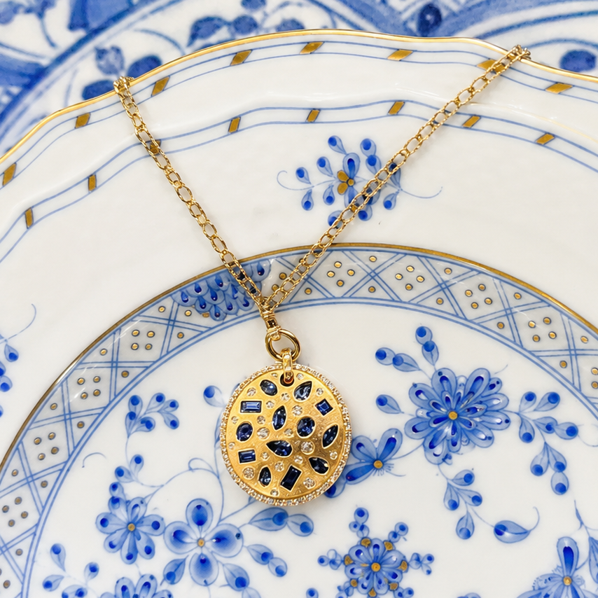 14KY Multi-Shape Diamond and Sapphire Pendant