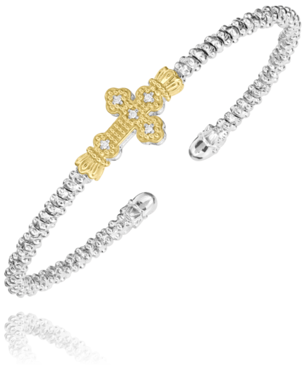 VAHAN - 2MM Closed Band Bracelet 0.04CT 14KT Yellow Gold, Sterling Sliver Diamond Cross Bracelet