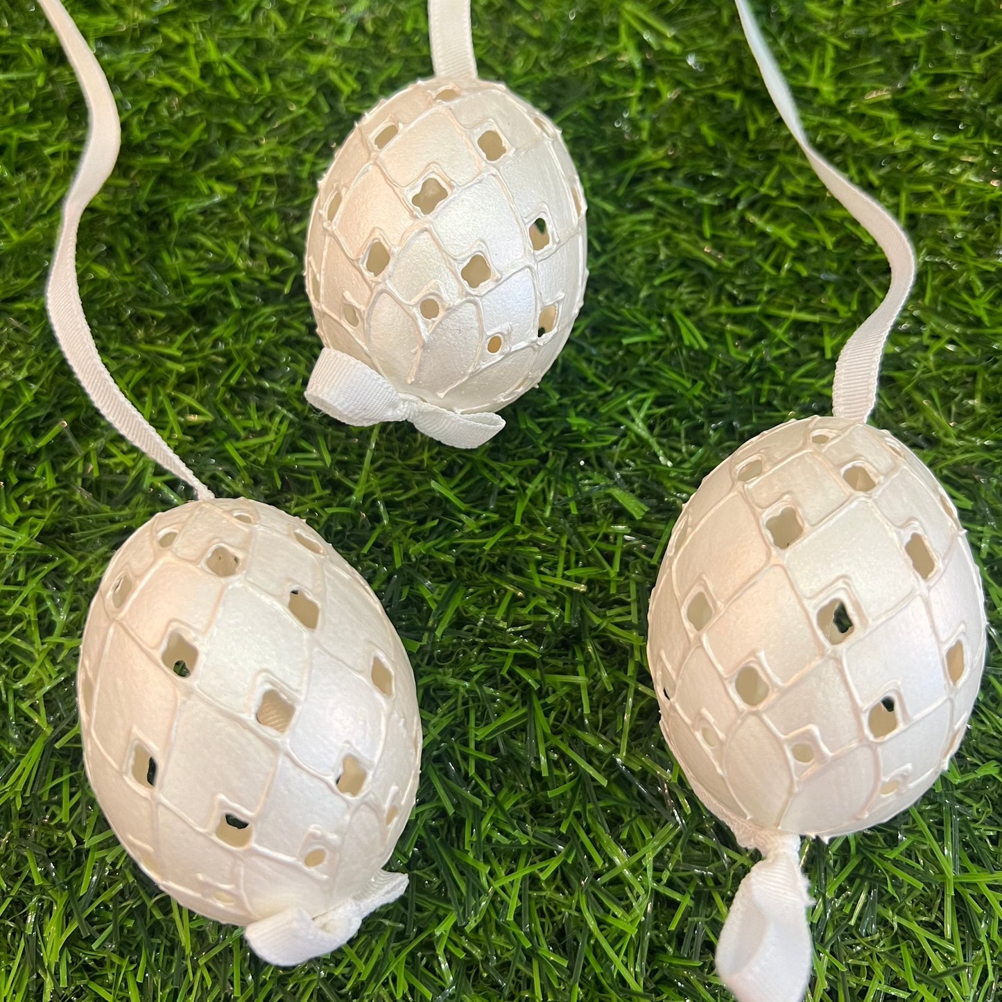 Painted Egg Ornament, White Lattice, Set of Three