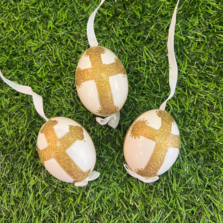 Painted Egg Ornament, Gold Cross, Set of Three