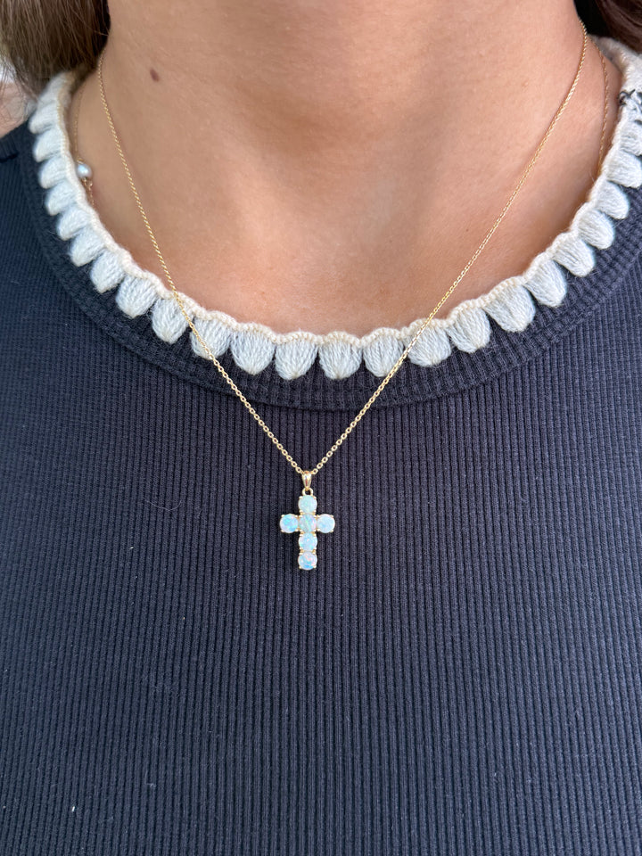 14KY Six Opal Cross Pendant
