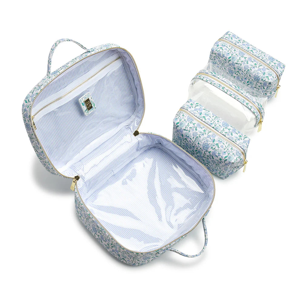 TRVL Luxe Train 2 - Cosmetic Toiletry Case Hamptons Floral with Chambray Pinstripe Liner