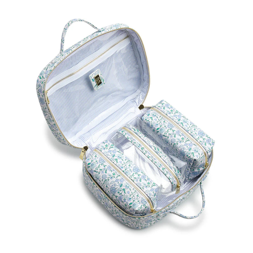 TRVL Luxe Train 2 - Cosmetic Toiletry Case Hamptons Floral with Chambray Pinstripe Liner