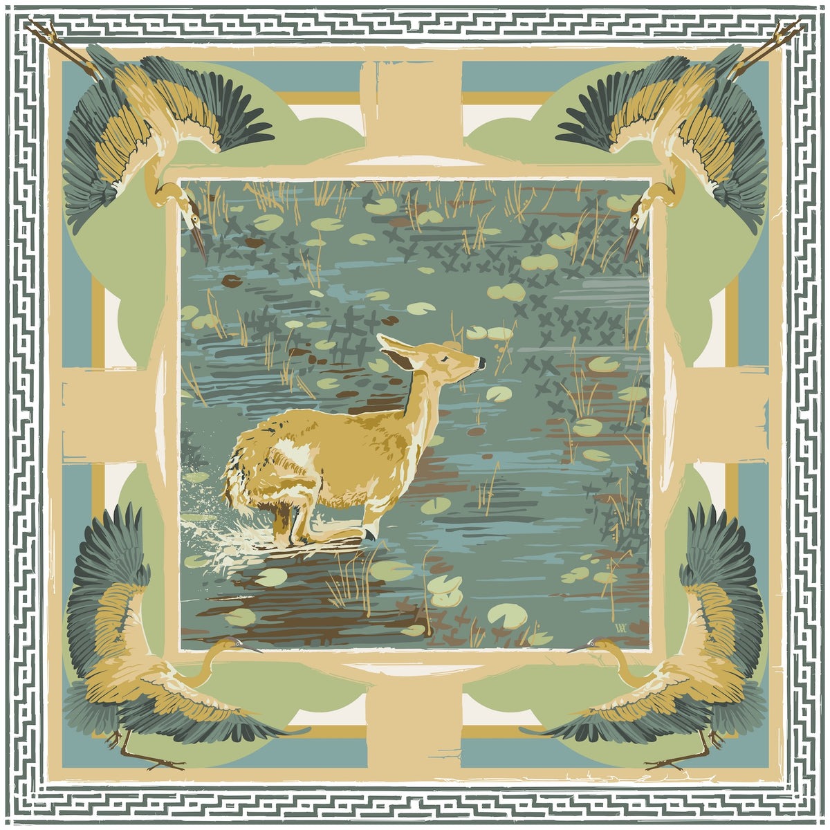 Austin Williams Art Teal Lily Pad Doe - Double-Sided Silk Scarf 25x25