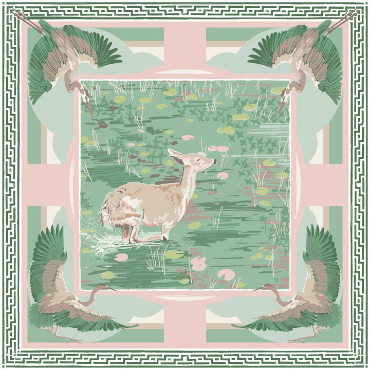 Austin Williams Art Green Pink Lily Pad Doe - Double-Sided Silk Scarf 35x35