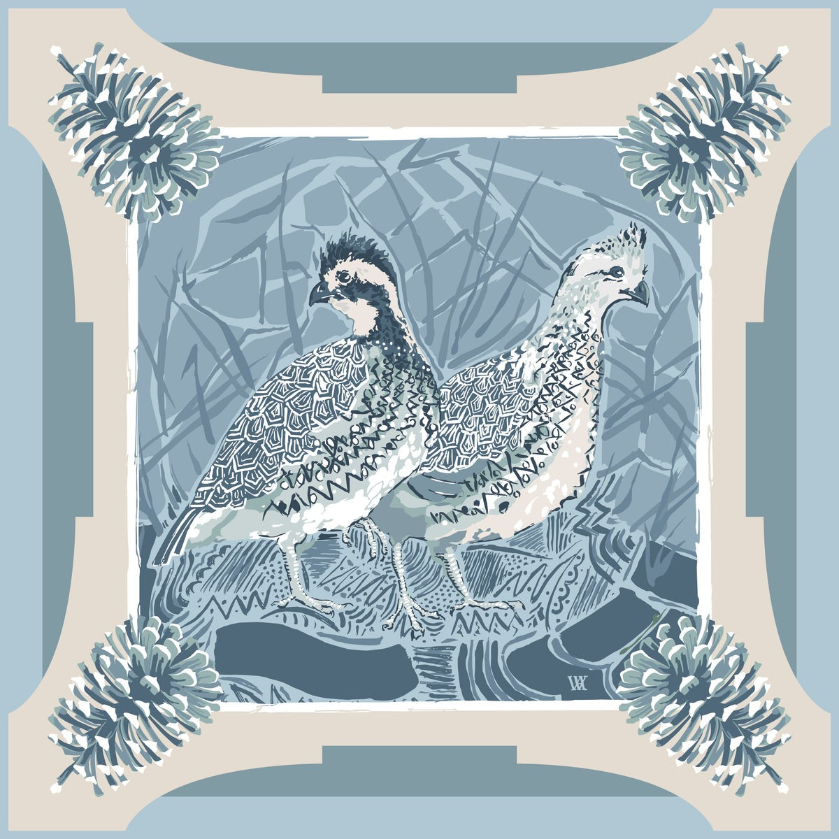 Austin Williams Art Light Blue Quail Pair Strong Pocket Square