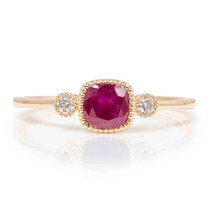 Cushion Ruby with Round Diamonds Bezel Set Ring