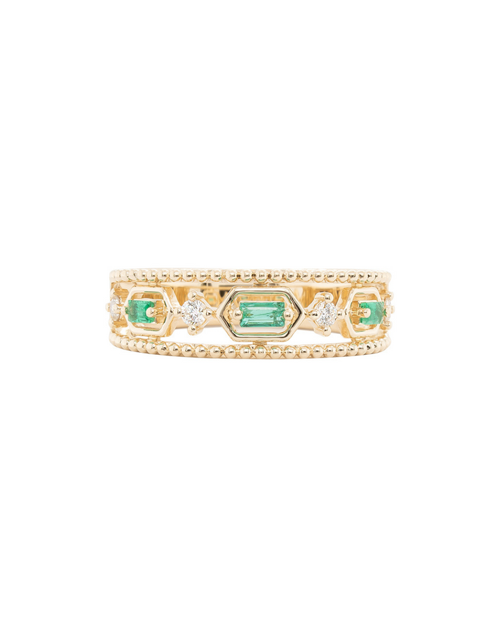 14KY Emerald Baguette Beaded Band