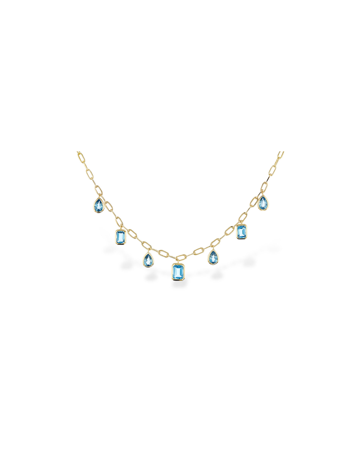14KY Blue Topaz Necklace with Paperclip Chain