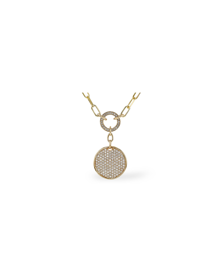 Round Diamond Pave Necklace with Paperclip Chain