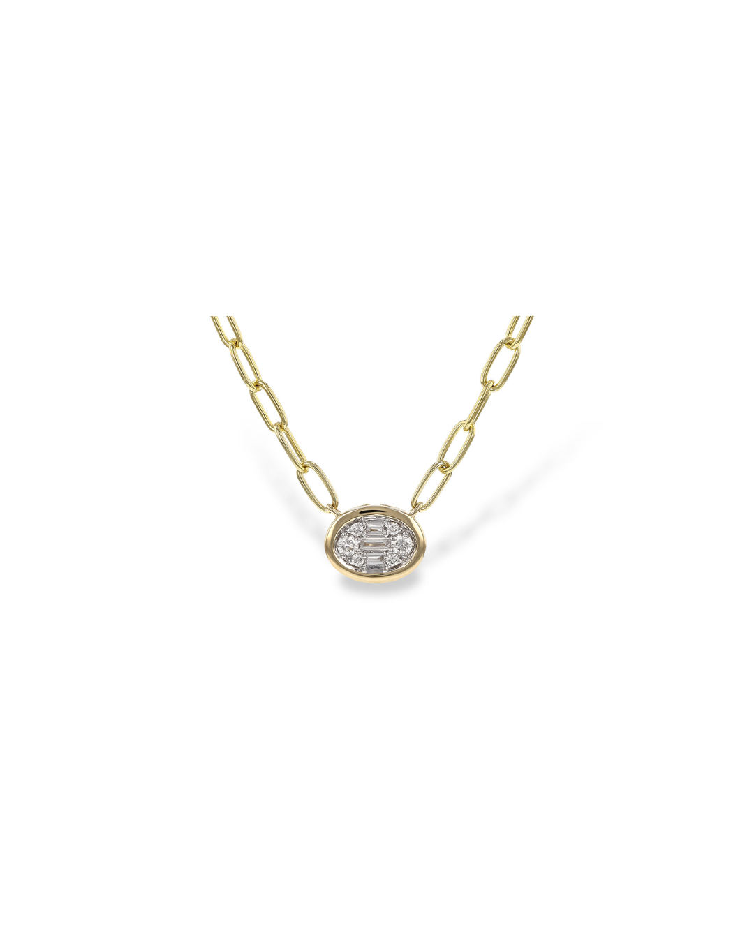 14KY Oval Pendant with Diamond and Baguette Clusters on Paperclip Chain