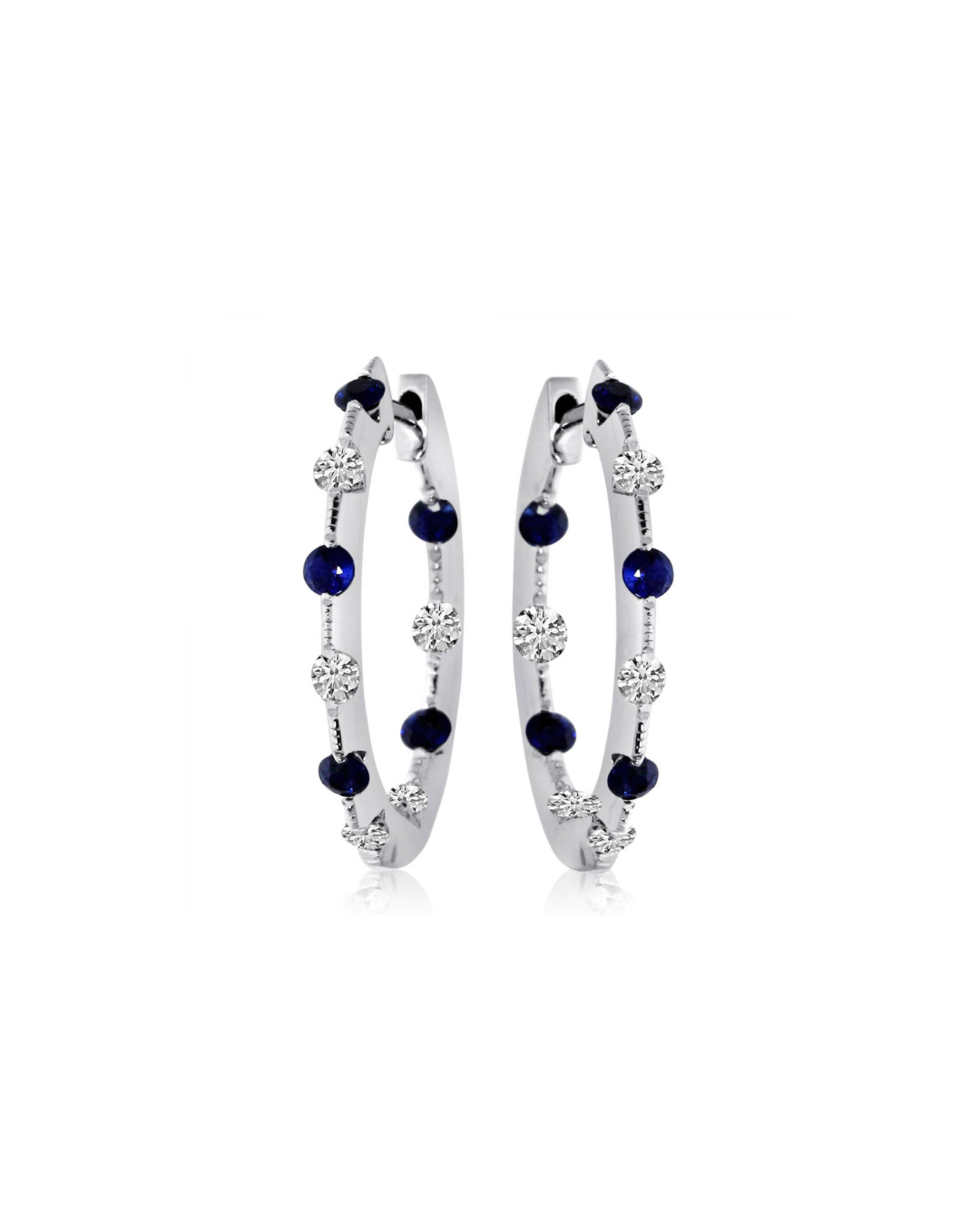 14K White Gold Precious Sapphire and Diamond Tension Set Hoop Earrings