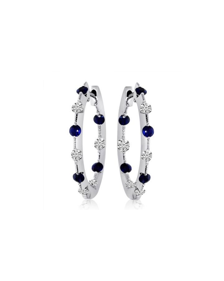 14K White Gold Precious Sapphire and Diamond Tension Set Hoop Earrings