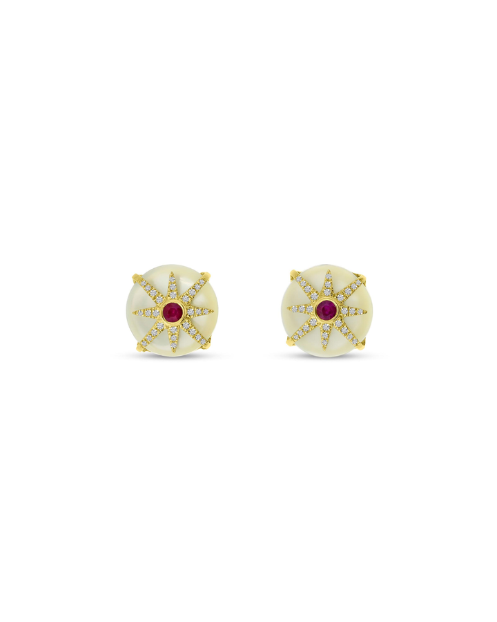 14K Yellow Gold Mother of Pearl with Diamond and Ruby Button Earrings