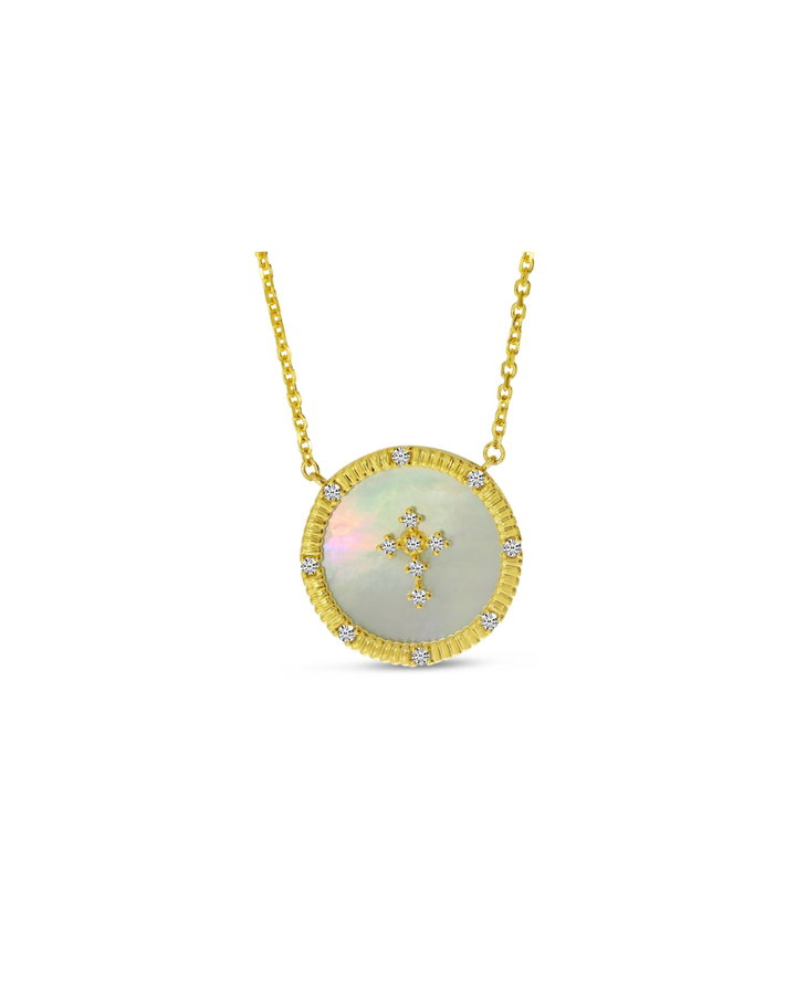 14K Yellow Gold Disc with Mother of Pearl and Diamond Cross Necklace