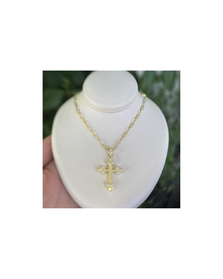 14K Green Gold Cross with Diamond Cluster Points