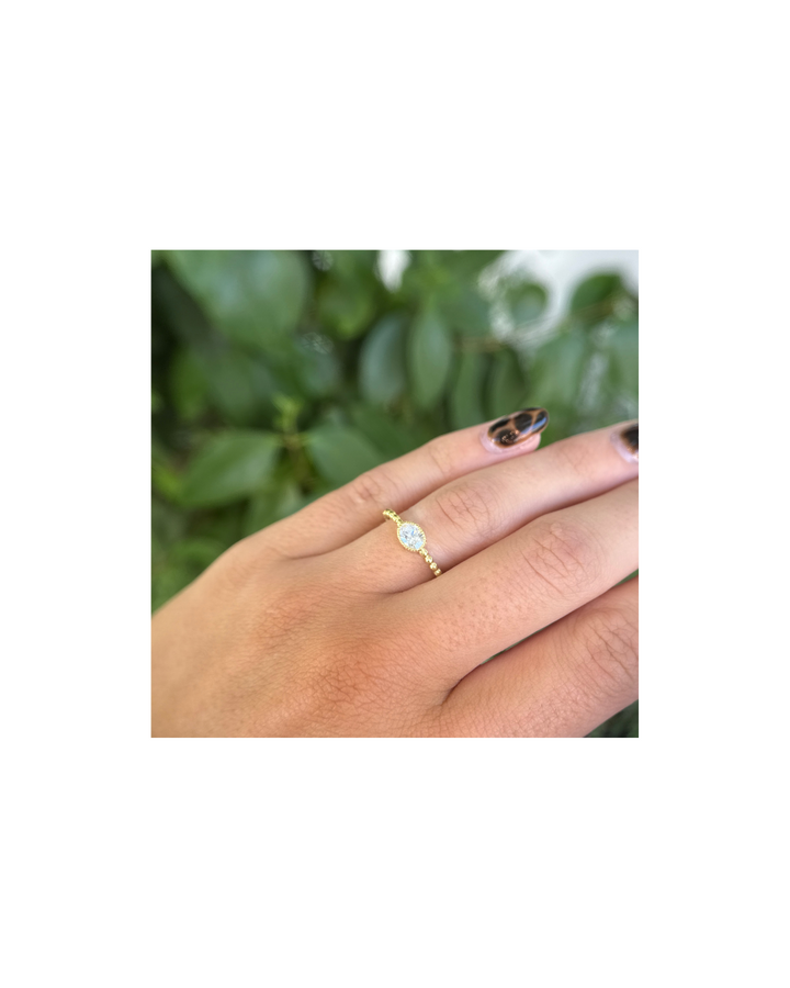 14K Green Gold Oval Diamond Ring with Beaded Shank