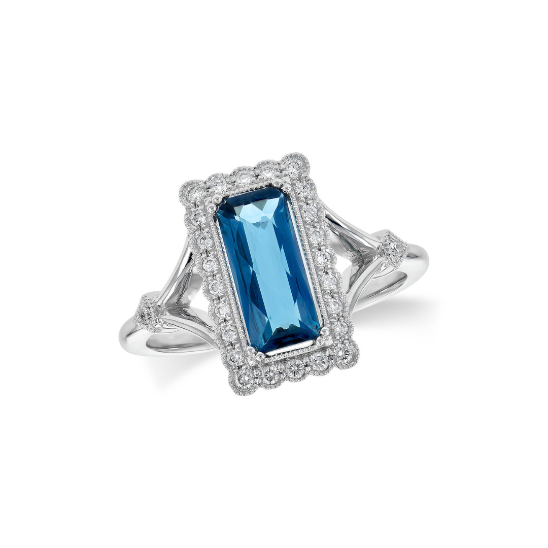 AK 14K WG Diamond and London Blue Topaz Ring