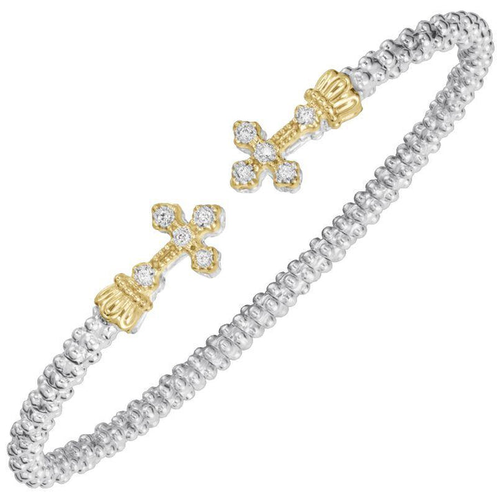 VAHAN 2MM Open Bracelet, 0.075CT 14KT Yellow Gold & Sterling Silver Diamond Cross Stackable