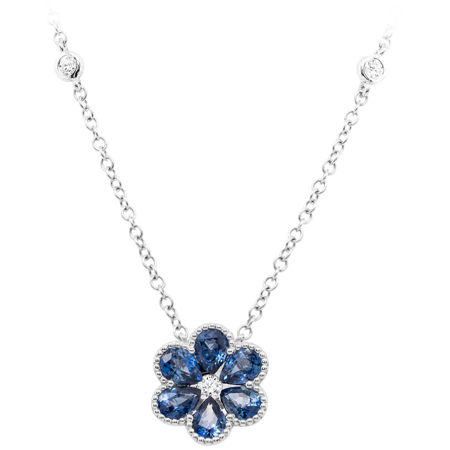 14KW Sapphire Diamond Flower Pendant w/Chain 18"