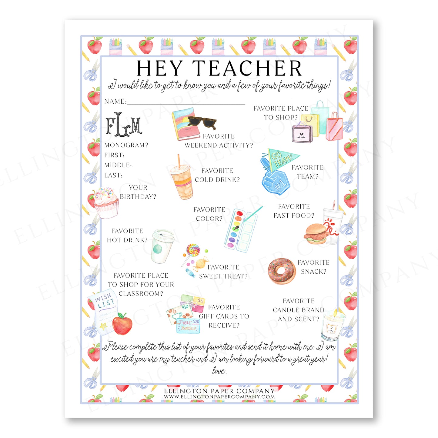 Ellington Paper Company Printable "Hey Teacher" Wishlist, School Days Pattern - Snack Option - Digital