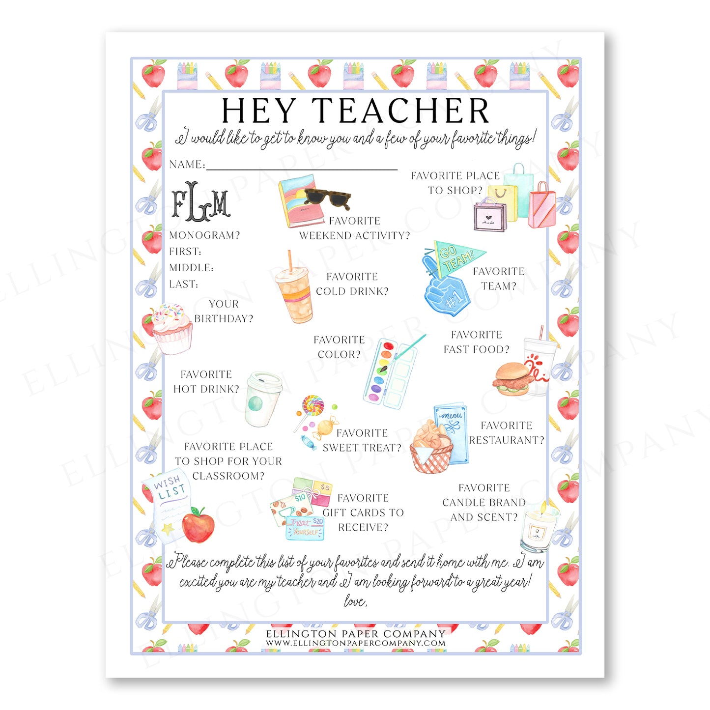 Ellington Paper Company Printable "Hey Teacher" Wishlist, School Days Pattern - Restaurant Option - Digital