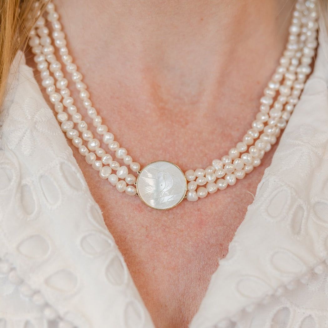 Petite Triple Pearl Necklace with Round Gambling Counter