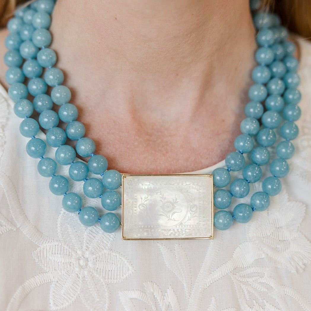 Triple Strand Statement Necklace with Rectangular Gambling Counter