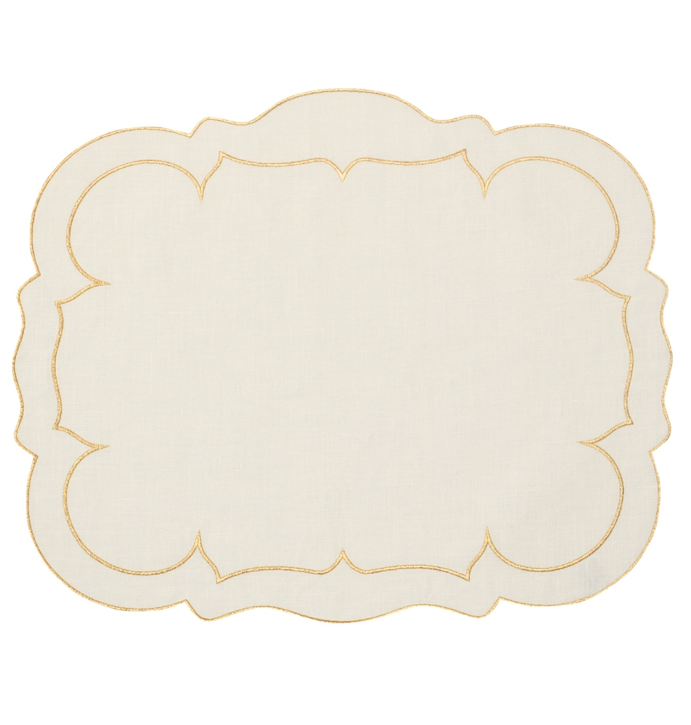 Skyros Linho Scalloped Rectangular Linen Mat Ivory w/ Gold