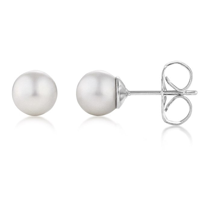 7mm White Pearl Stud Earring in Rhodium