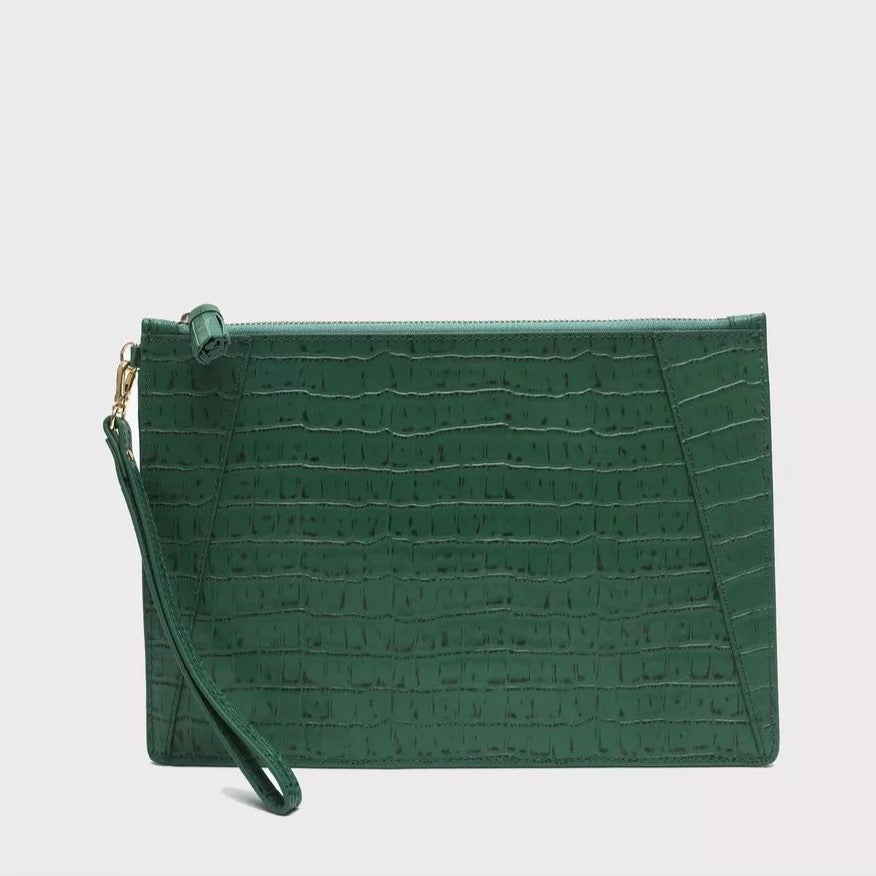 Neely and Chloe No. 9 Flat Clutch Croc Embossed Palm Green