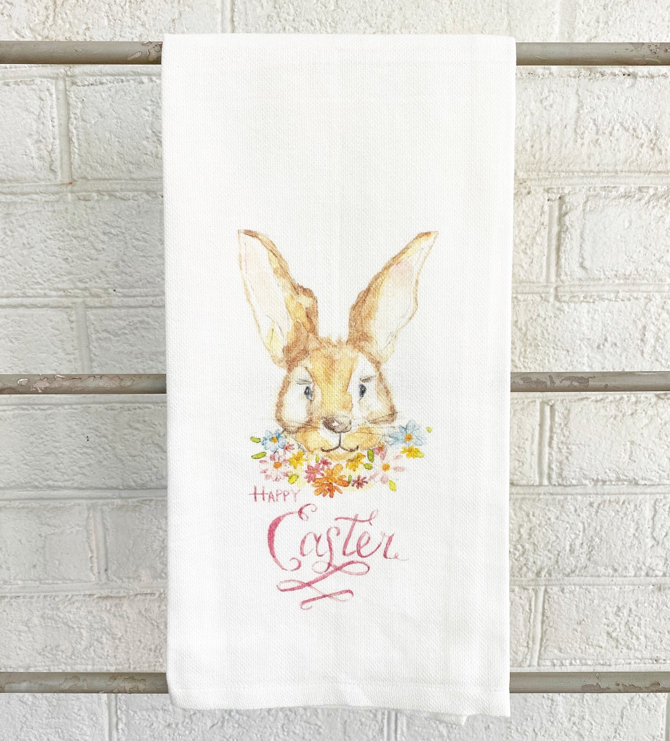 Watercolor Rabbit Face with Flowers Tea Towel