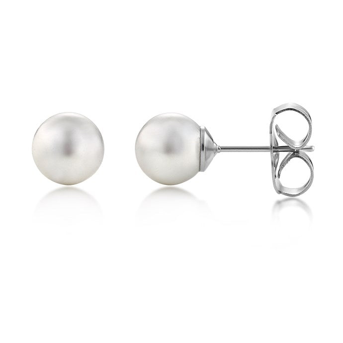 8mm White Pearl Stud Earring in Rhodium