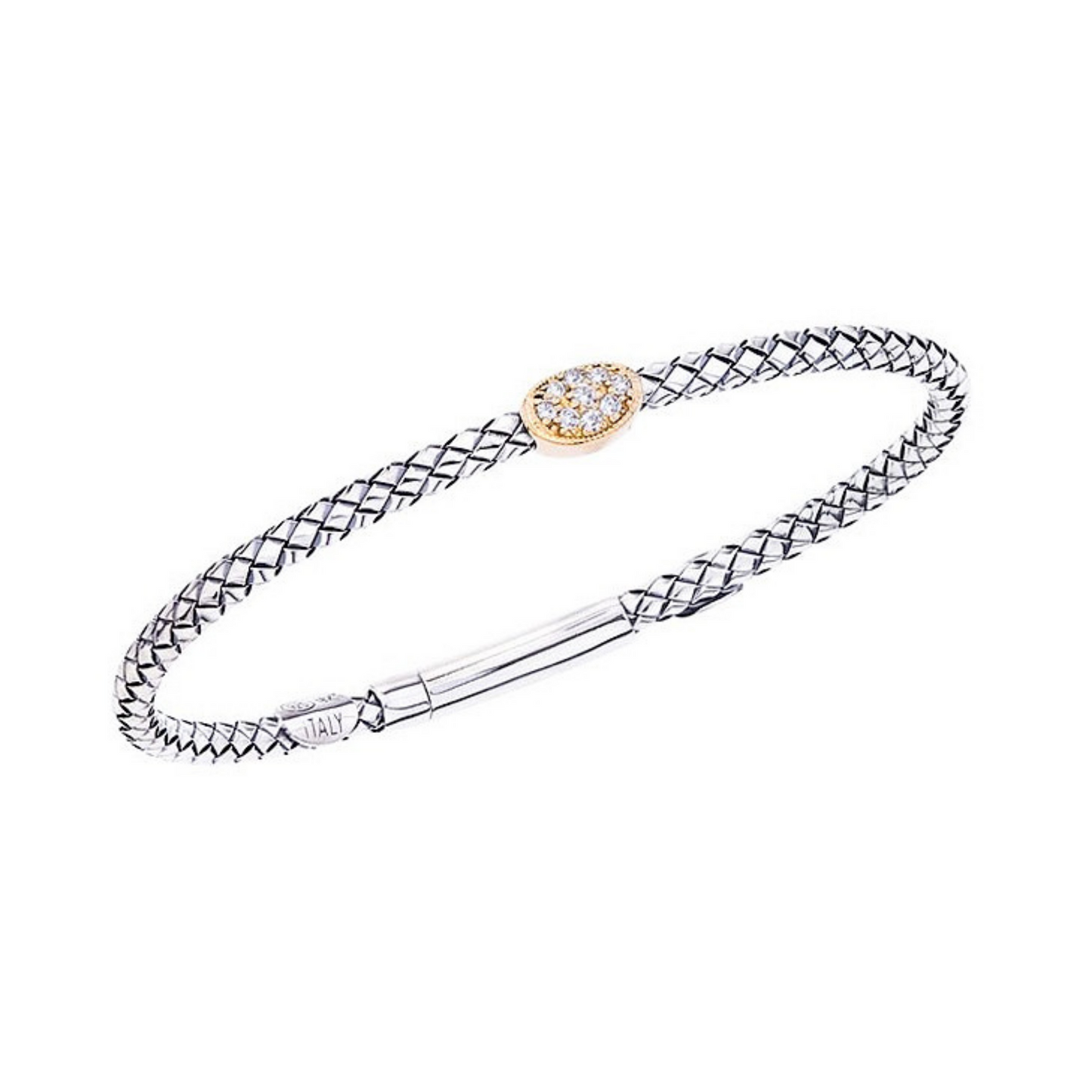Alisa 18K & 925 SS thin Traversa bangle bracelet, gold oval, .14ct tw dias