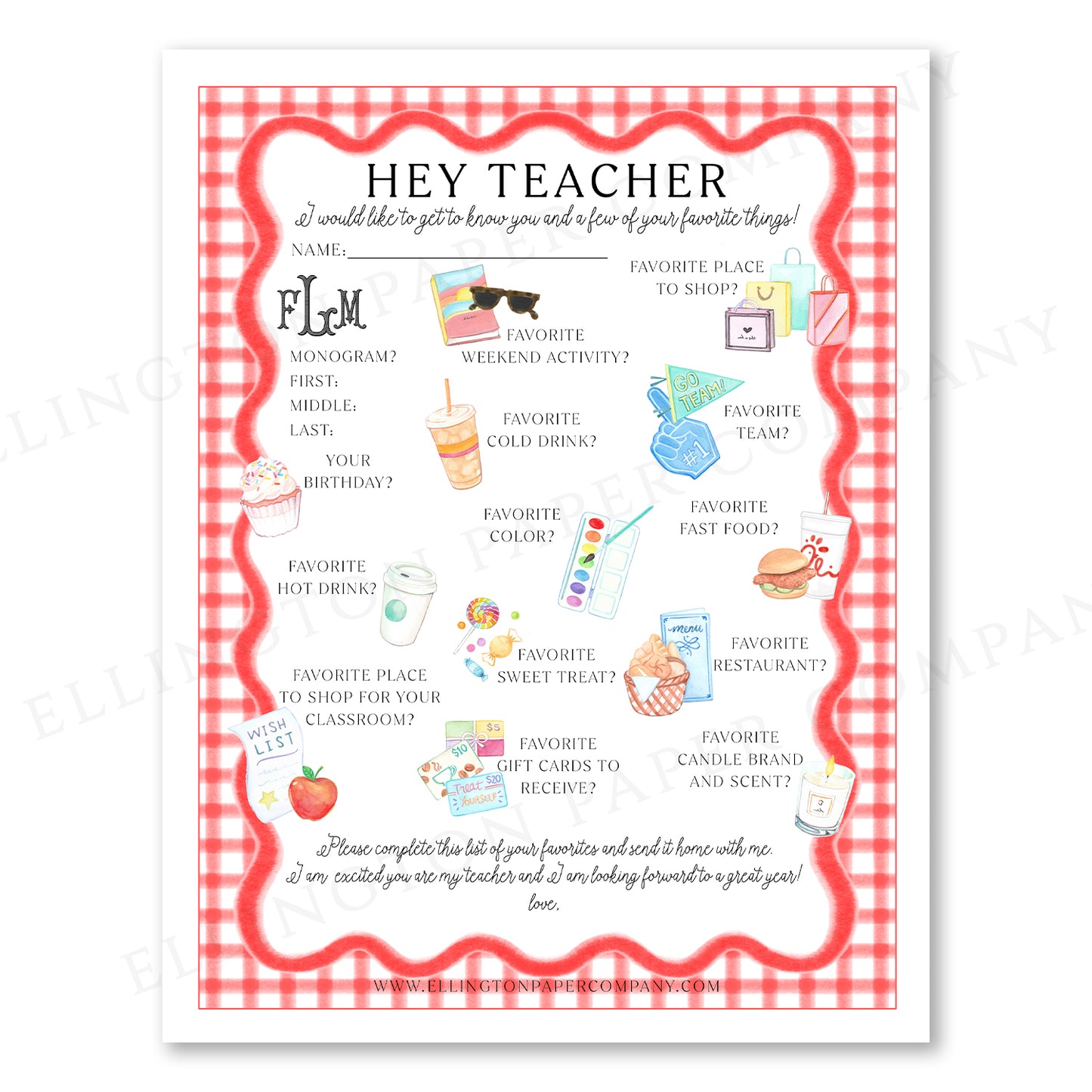 Ellington Paper Company Teacher Wishlist, Scallop Red Gingham, Favorite Restaurant Option