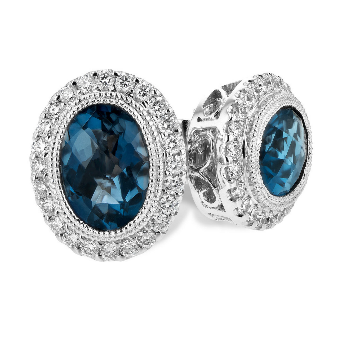 14K WG London Blue Topaz and Diamond Oval Earrings, 1.76BTPZ .25DIA.