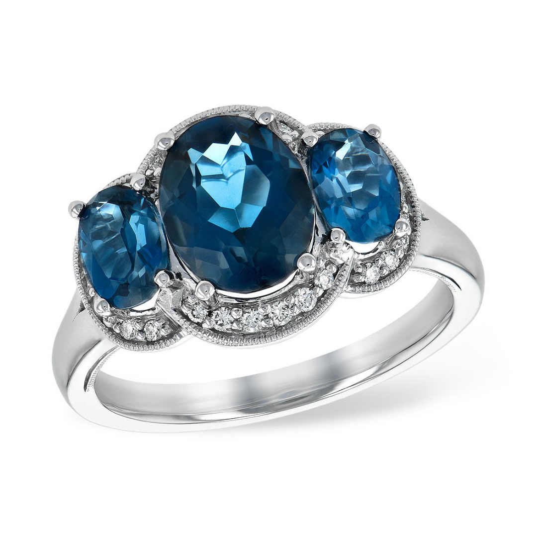 Three Stone London Blue Topaz and Diamond White Gold Ring