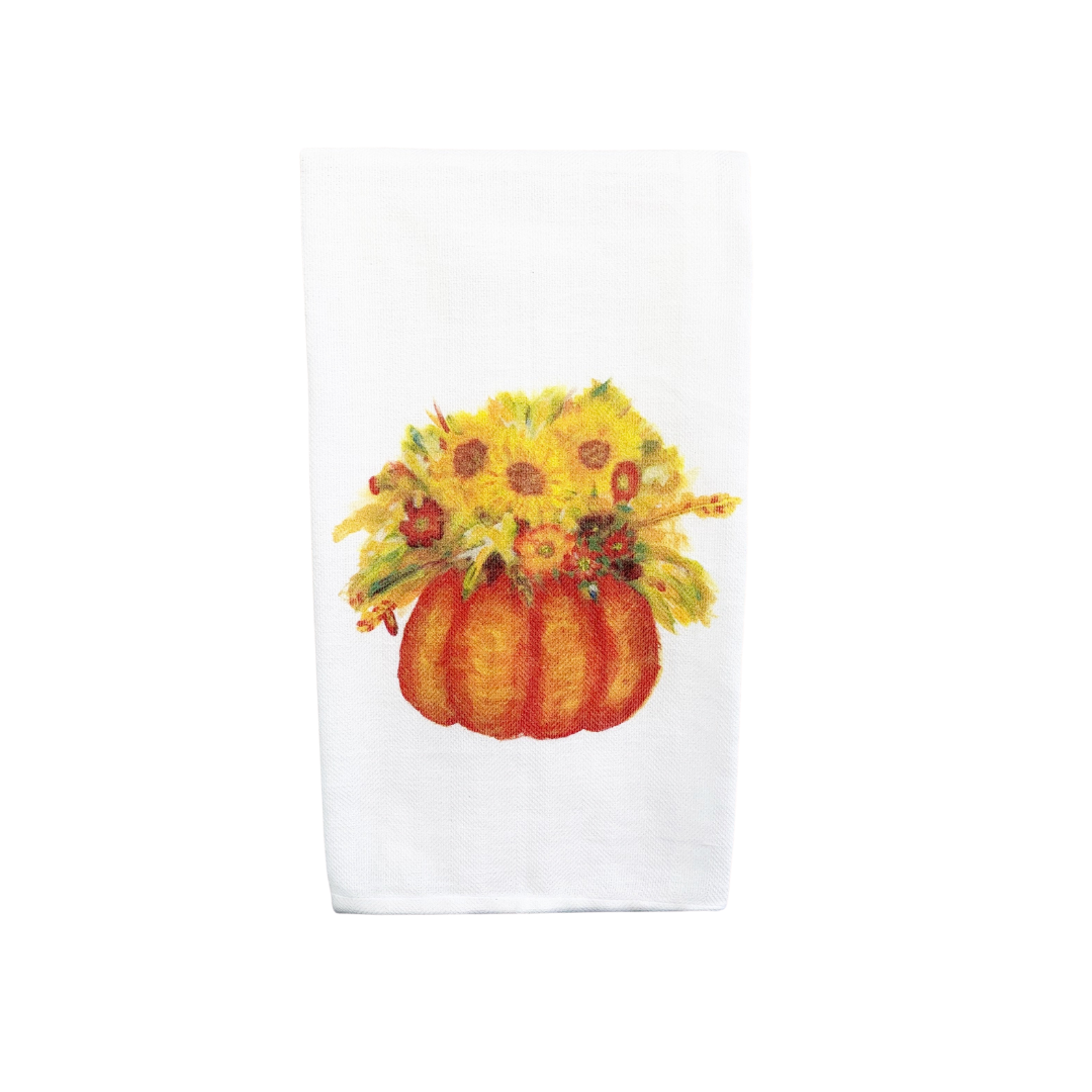Pumpkin with Fall Flowers Tea Towel