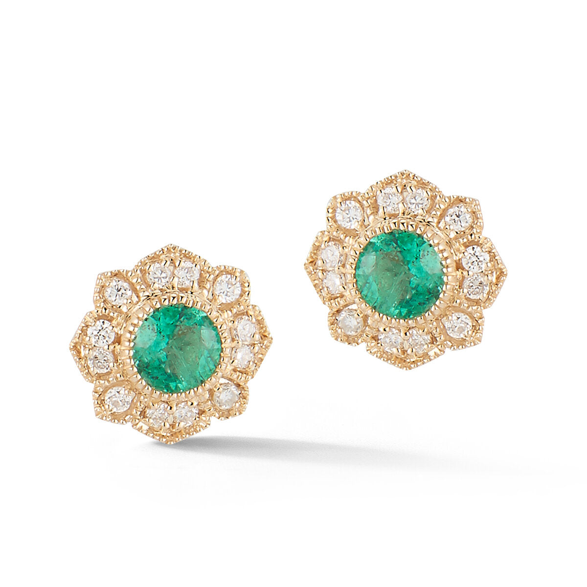 14K YG Diamond and Emerald Studs
