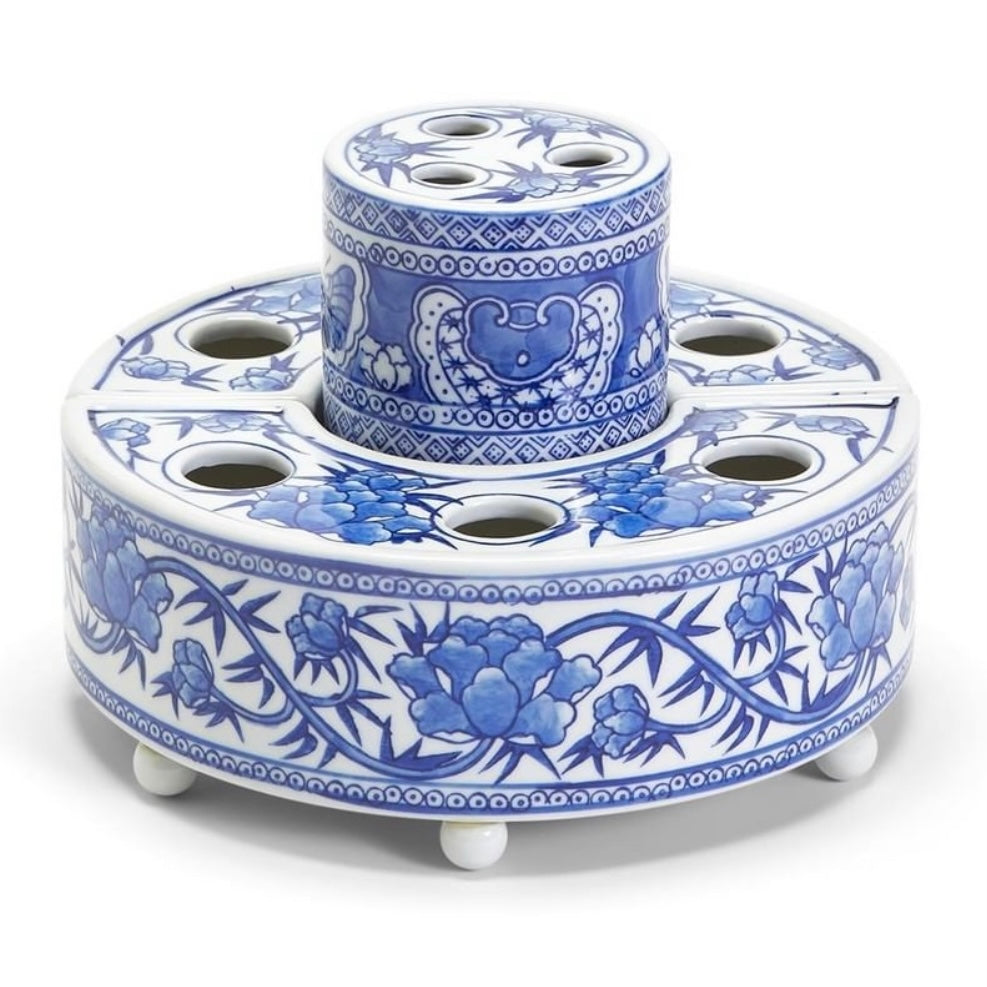 3 Piece Blue and White Hand-Painted Floral Arranger