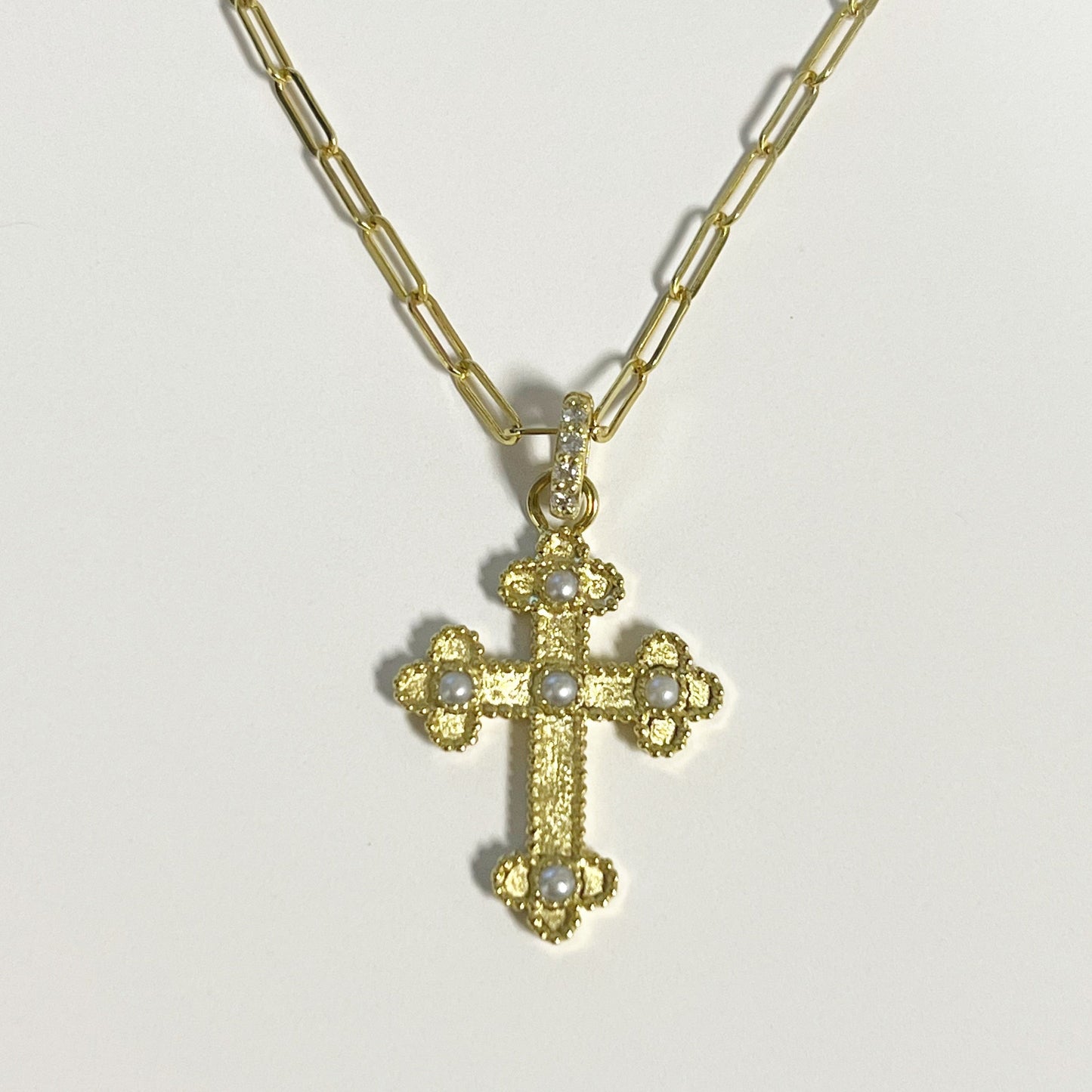 Raymond Mazza Pearl Cross Necklace