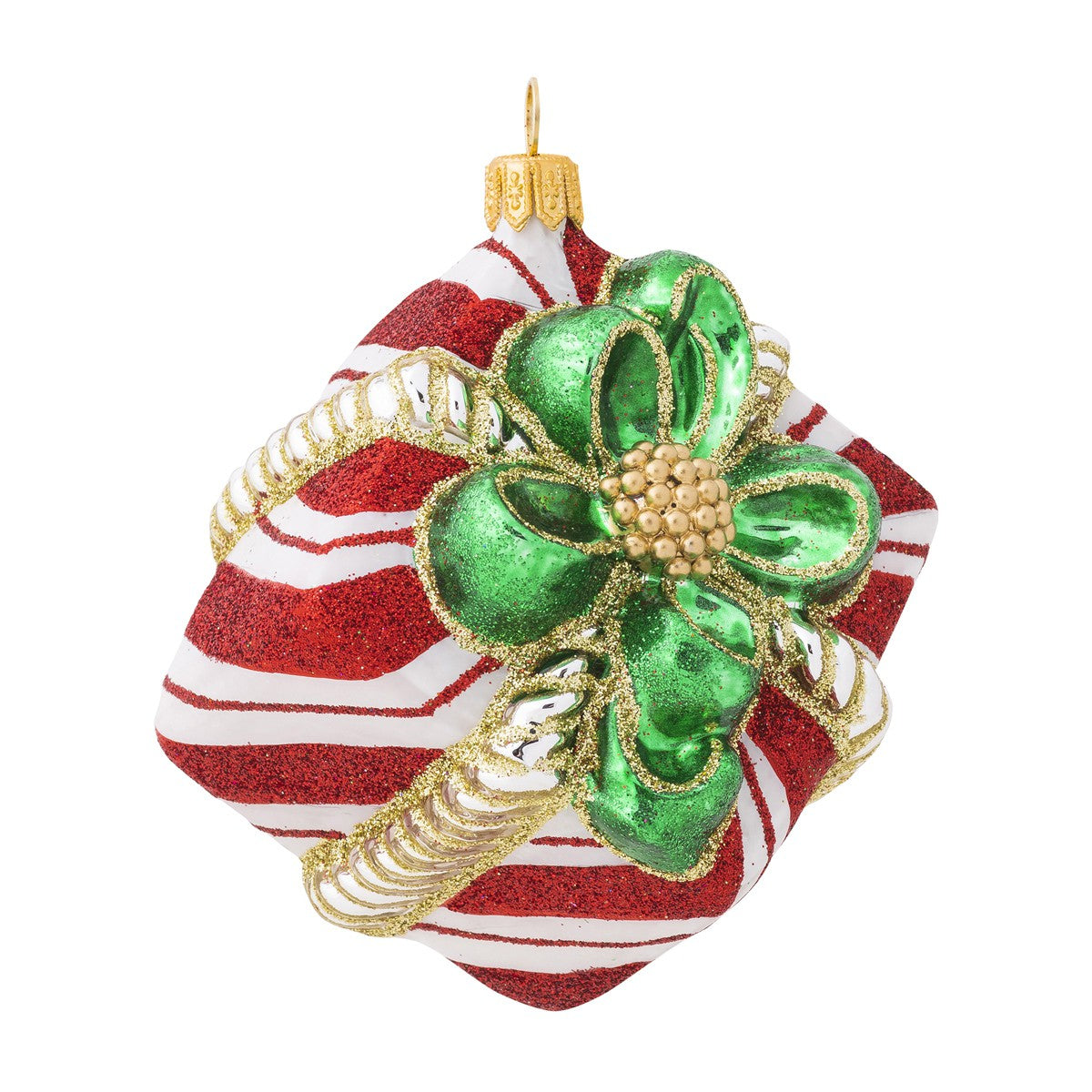 Juliska Berry & Thread Red & White Stripe Present Glass Ornament