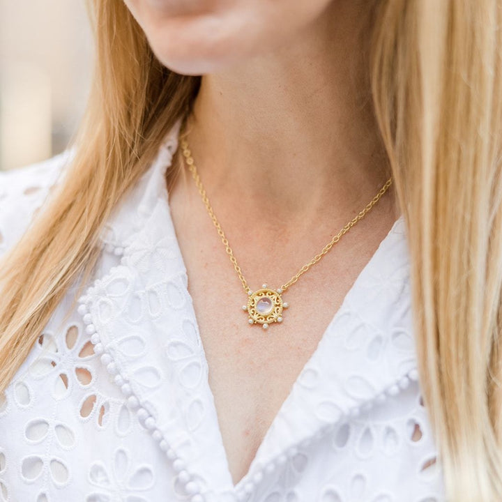 Raymond Mazza Necklace with Seed Pearls and Rainbow Moonstone