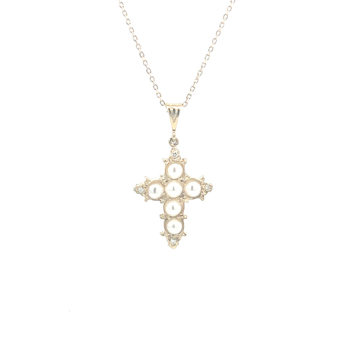 14kt Yellow Gold Pearl and Diamond Cross