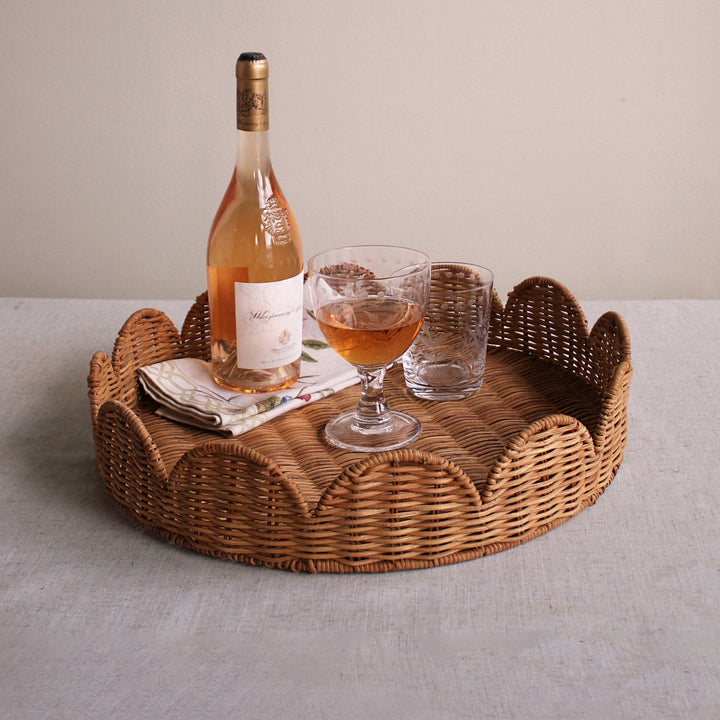 Beatriz Ball VIDA Scalloped Rattan Round Tray with Handles (Natural)