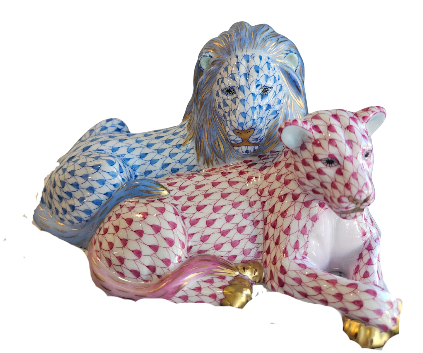 Herend Lion & Lioness, Blue-Raspberry