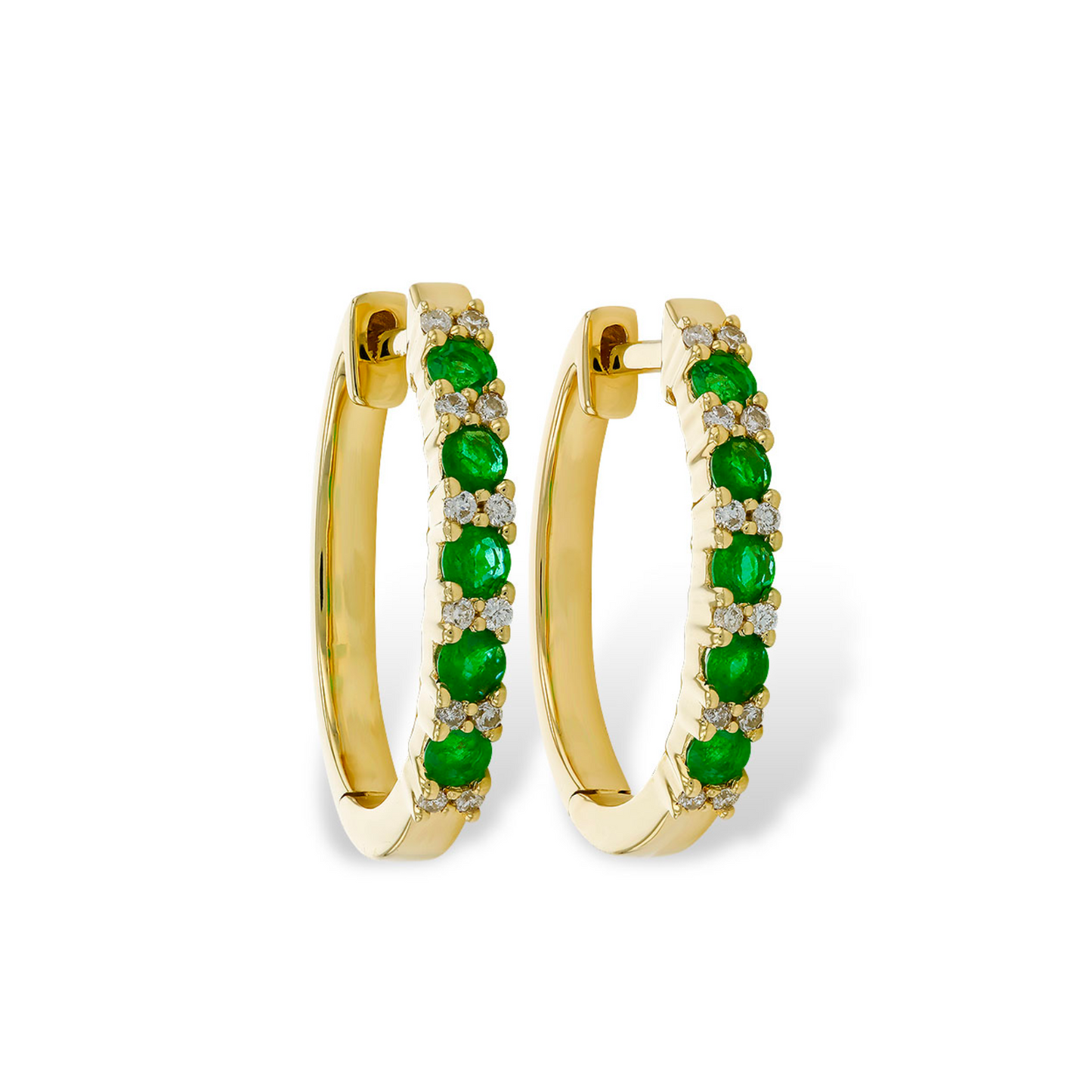 Yellow Gold Emerald and Diamond Hoop Earrings