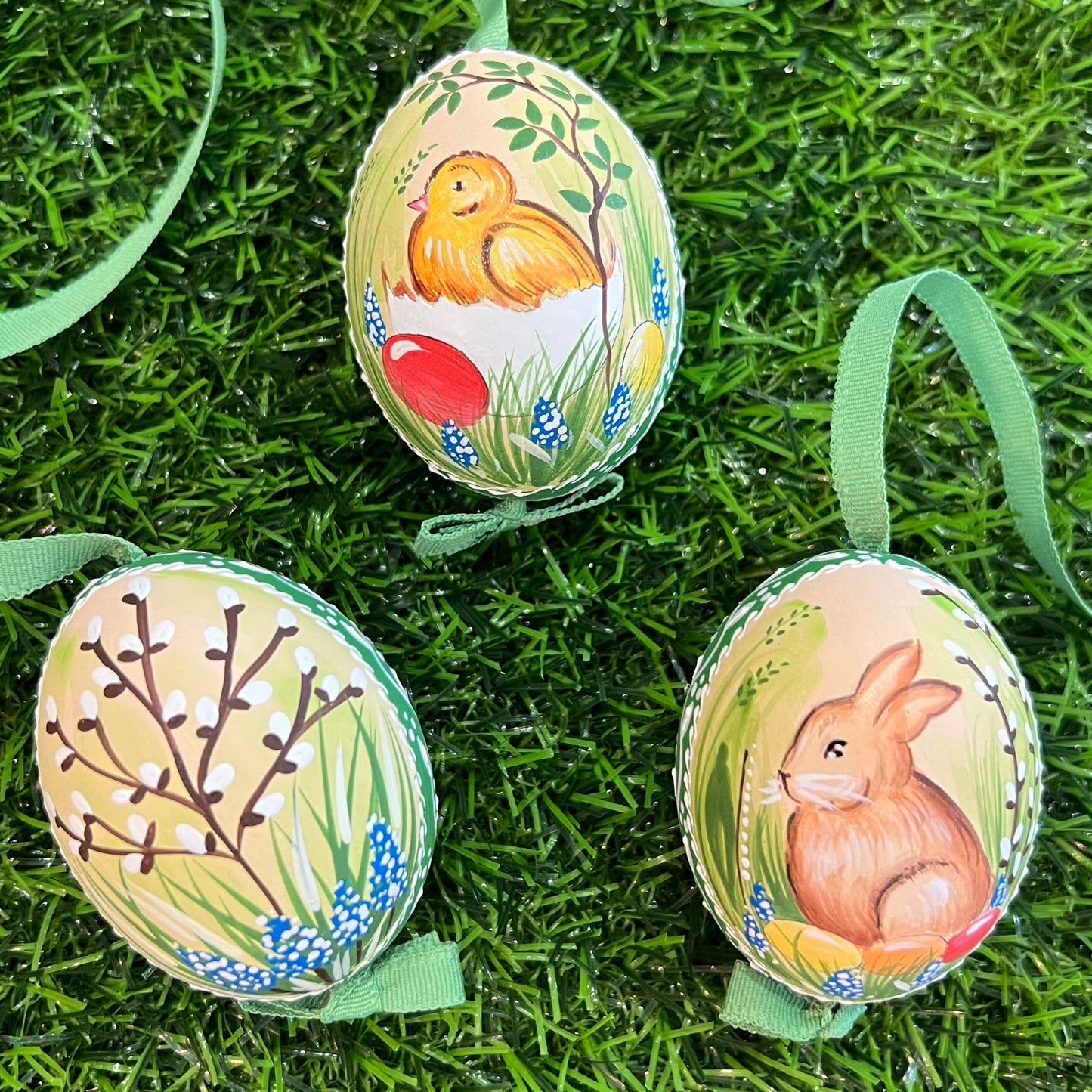 Painted Egg Ornament, Bunny and Chick, Set of Three