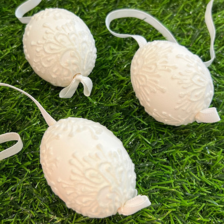 Painted Egg Ornament, White Lace, Set of Three